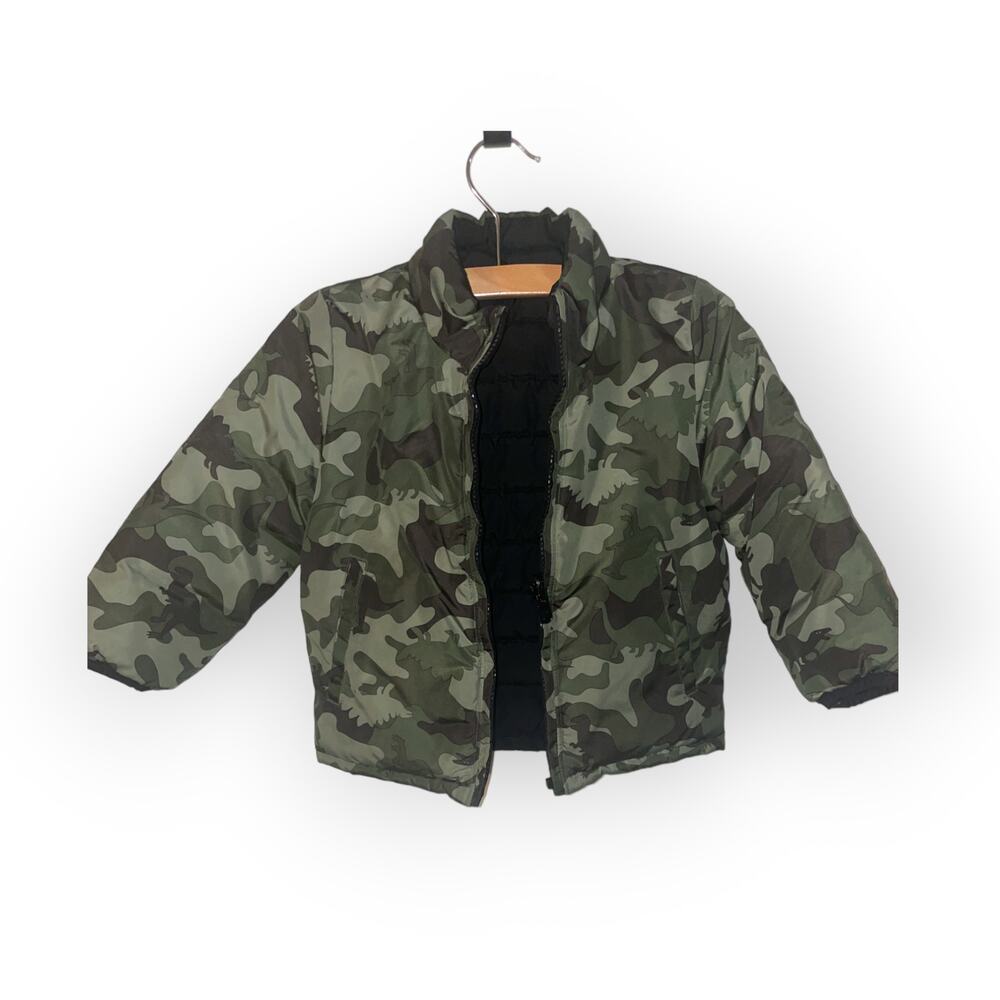 Baby Gap Reversible Dinosaur Camo/Black puffer jacket Sz 2 EUC